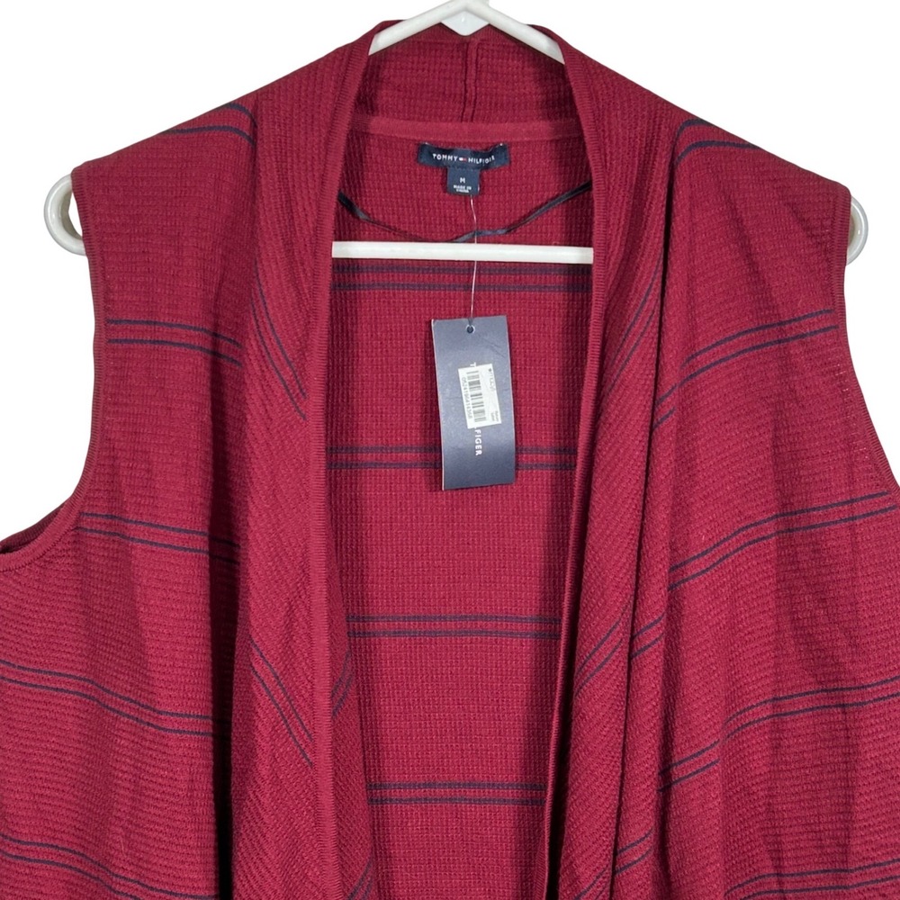 Tommy Hilfiger Womens Burgundy Striped Waffle Knit Waterfall Cardigan Vest M NEW